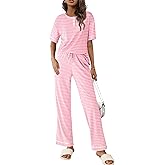 Ekouaer Lounge Sets for Women Waffle Knit Womens Pajama Sets 2 Piece Pjs Sets with Pockets Short Sleeve Top Long Pant