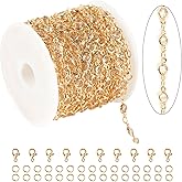 KYUNHOO 16.4 Feet Jewelry Making Supplies Set Gold Plated Brass Chain for Jewelry Craft Making Clear Beaded Necklace Chains Roll with Jump Rings Lobster Clasps
