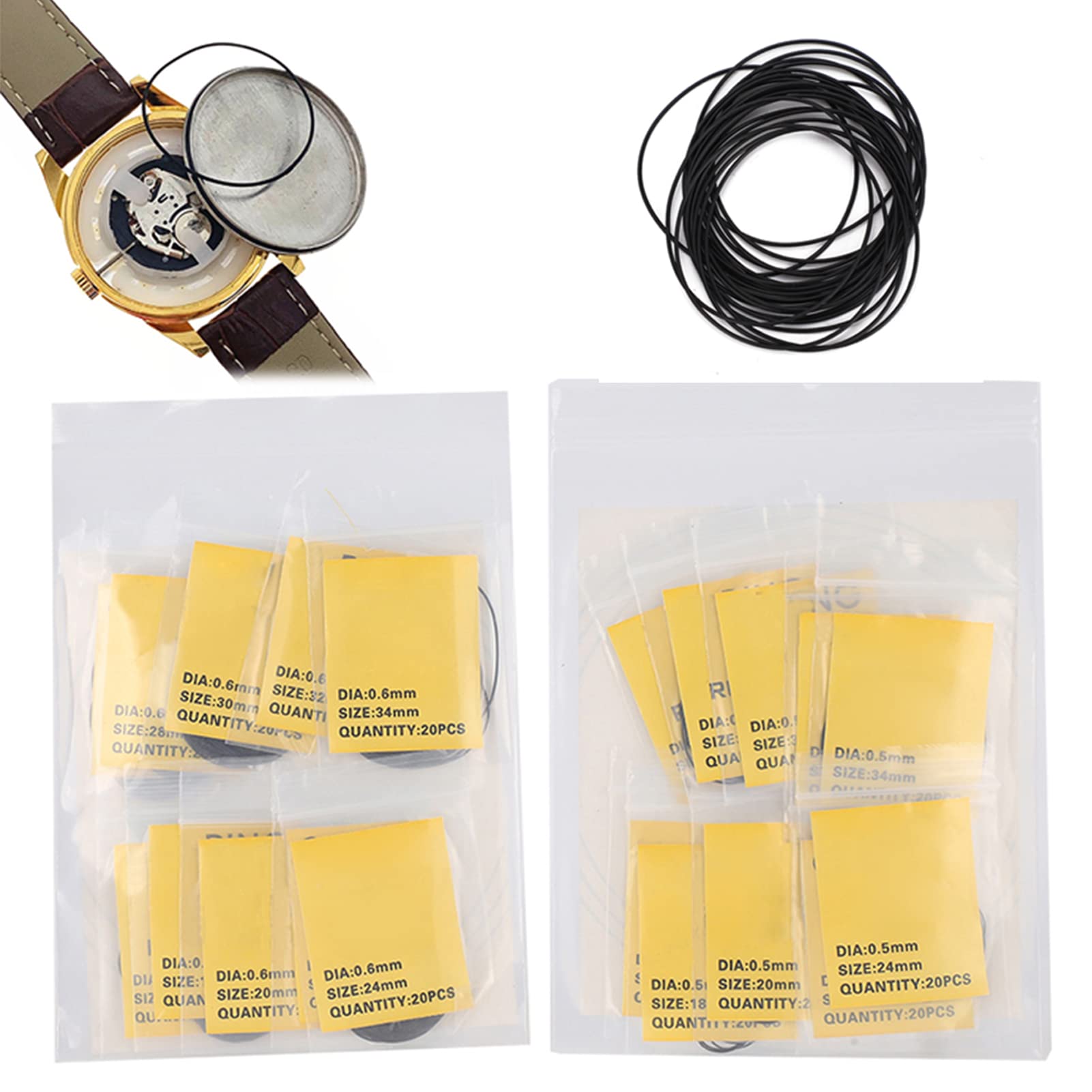 20 Pcs Watch Gaskets Replacement kit, Waterproof O Ring Watch Back Gasket Rubber Seal Washers Set, O-Rings Watch Repair Parts for Watch Backs Size 16mm-34mm (0.5mm + 0.6mm）