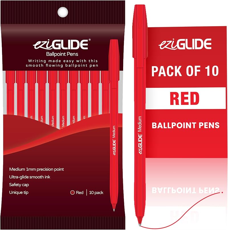 Eziglide 10-Pack Red Ballpoint Pens 1.0mm Medium Tip School Office