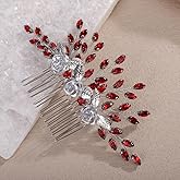 Teyglen Red Rhinestone Headpiece Vintage Flower Wedding Hair Comb Crystal Bridal Side Comb Flower Leaf Hair Piece Hair Accessories Jewelry for Women (Red)