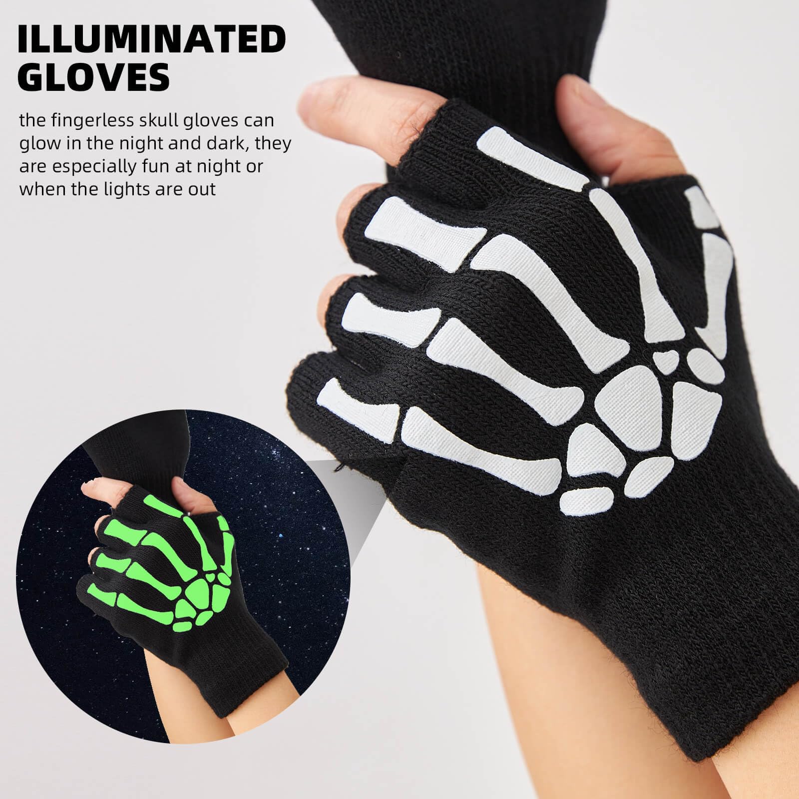 Skeleton Gloves For Women Men Adults Fingerless Goth Gloves Glow In The Dark Halloween Costume Emo Accessories