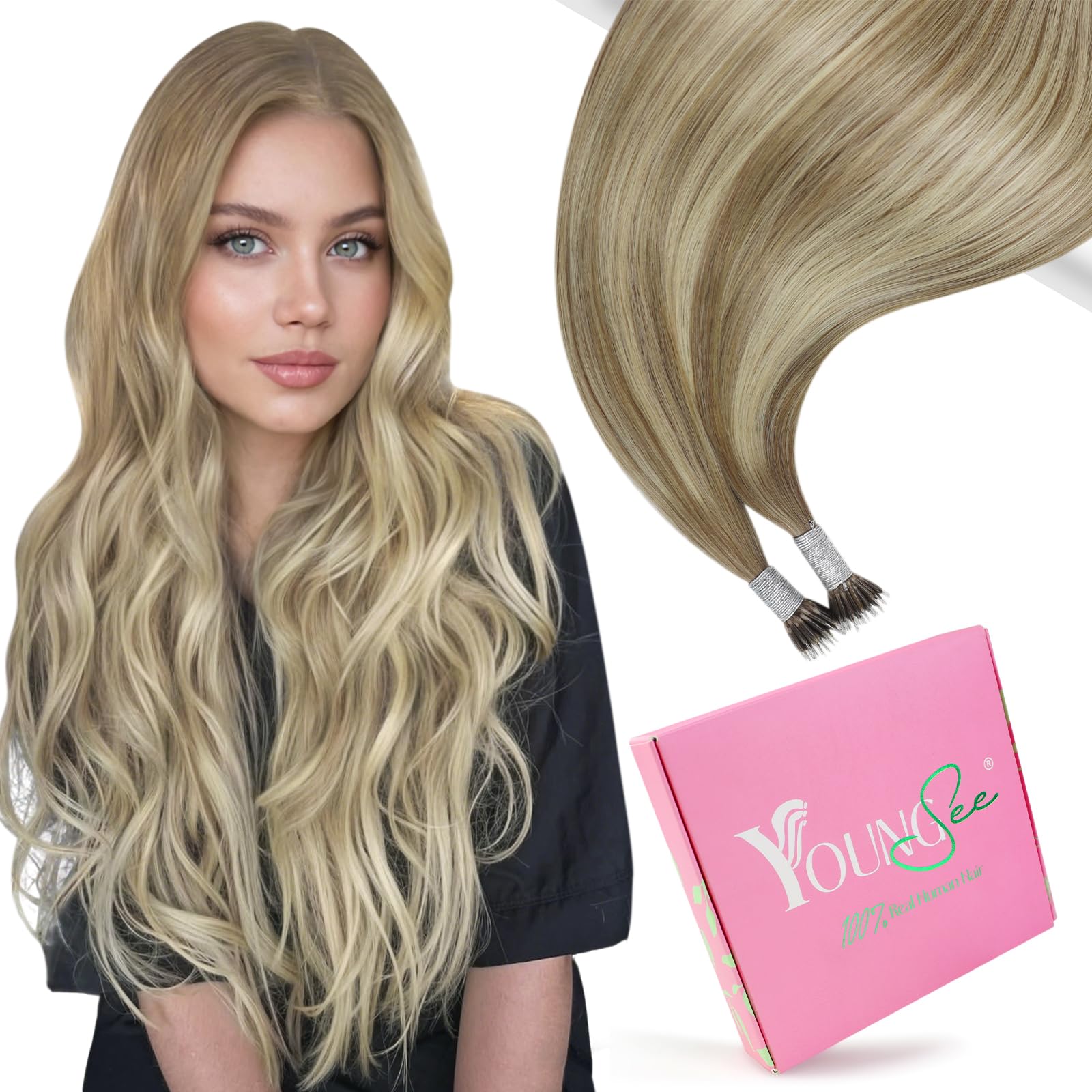 YoungSee Nano Beads Hair Extensions Balayage 20inch Nano Ring Hair Extensions Light Brown Ombre Platinum Blonde Human Hair Nano Extensions for Party Long Lasting Cold Fusion Smooth 50g 50s — image 1