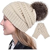 Slouchy Beanie Hat Gloves Set Women Winter Knit Warm Fleece Lined Cap with Cute Pom
