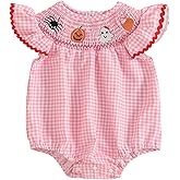 FIOMVA Newborn Baby Girl Halloween Outfit Pumpkin Ghost Smocked Bubble Romper Plaid Bodysuit Cute Infant Girls Fall Clothes