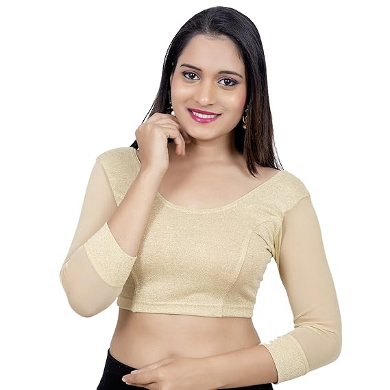 Womens Designer Lycra Stretchable 3 4th Net Sleeves Readymade Saree Blouse