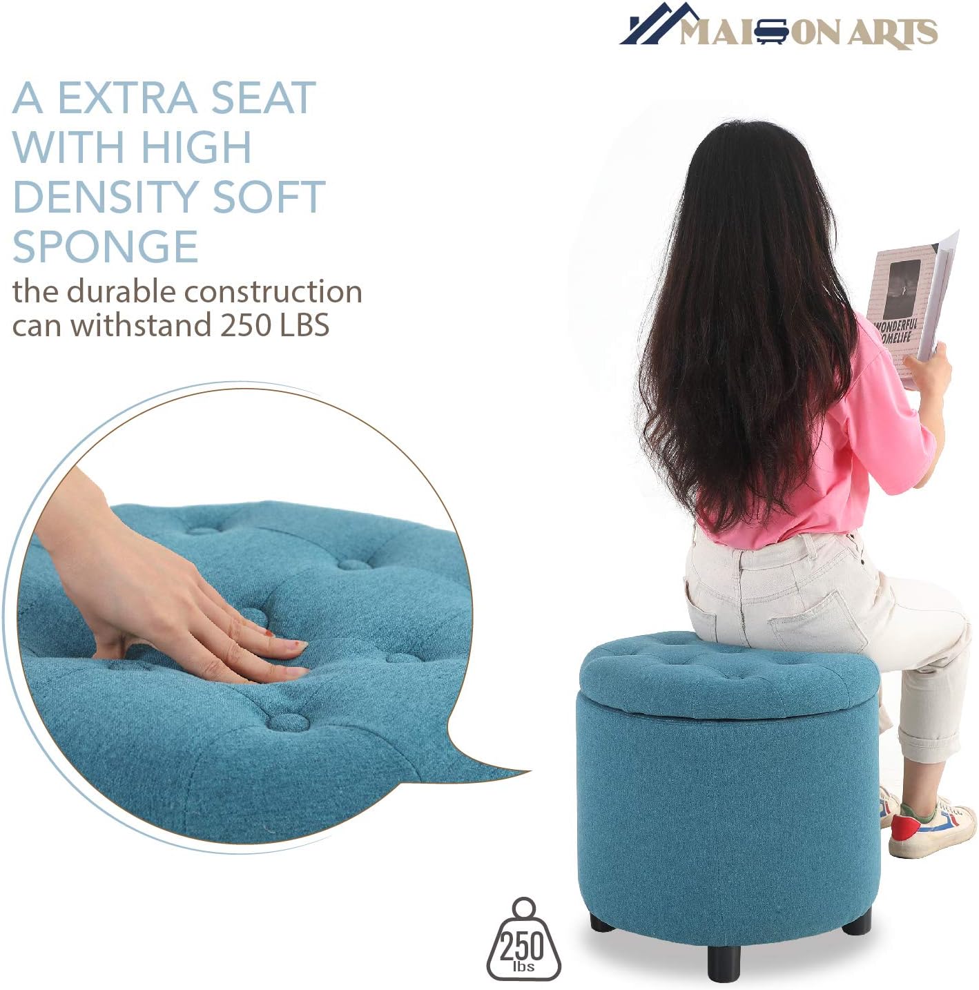 MAISON ARTS Round Storage Ottoman Foot Stool Vanity Stool Tufted Pouf Ottoman Side Table for Living Room Bedroom Seat Dressing Chair Footrest, 4 Legs, Blue: Kitchen & Dining