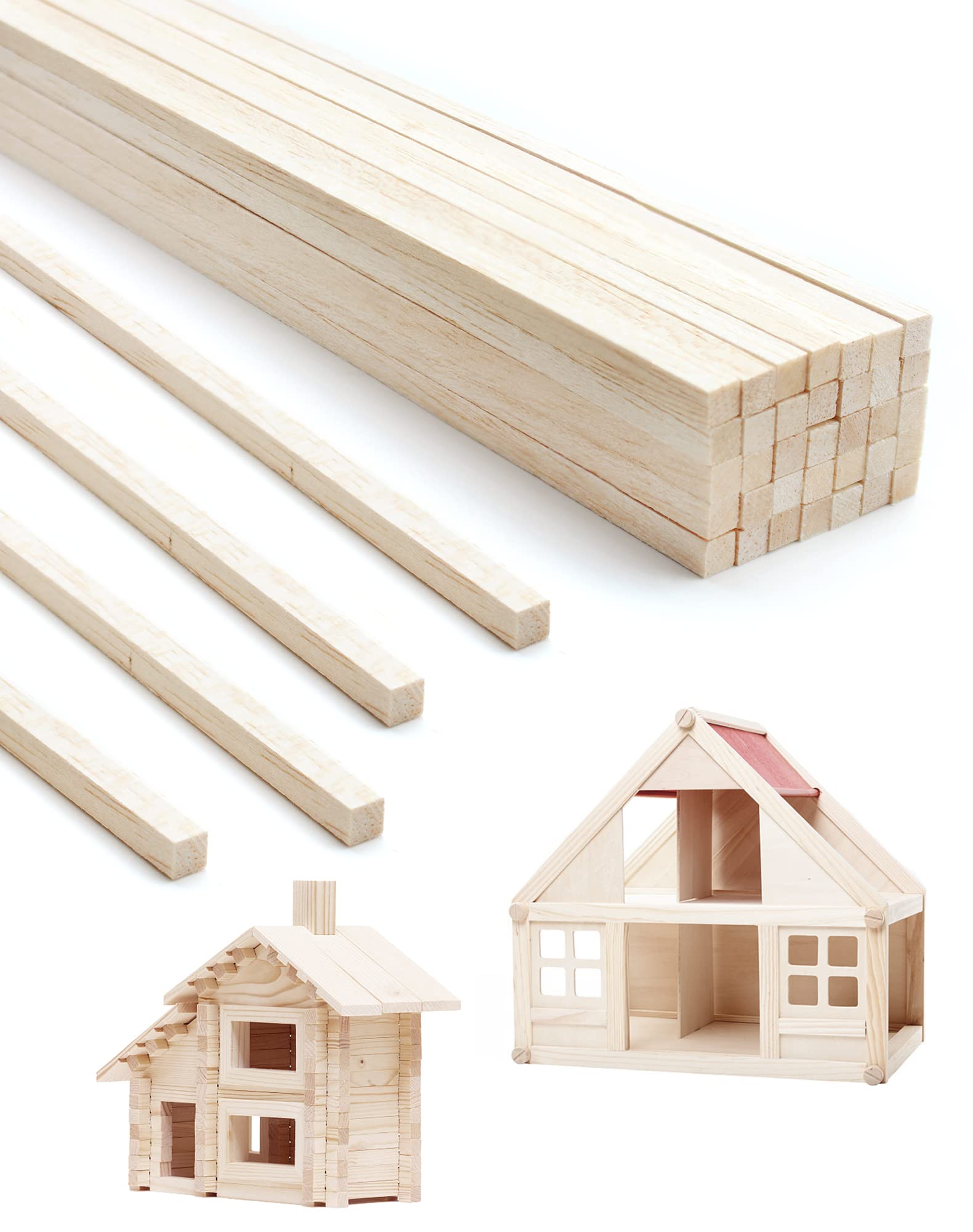 Anvin 50 Pieces Balsa Wood Sticks Square Wooden Dowels Unfinished Hardwood Strips Natural Long Woodcraft Sticks Batons for DIY Crafts Model Making (6 x 6 x 300 mm)