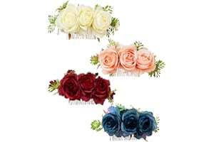 Cinaci 4 Pack Metal Hair Side Combs Slides with Artificial Rose Flower Floral Wedding Bridal Clips Headpieces Hairpins Barrettes Bun Chignon Hair Accessories for Women Flower Girls Brides Bridesmaids