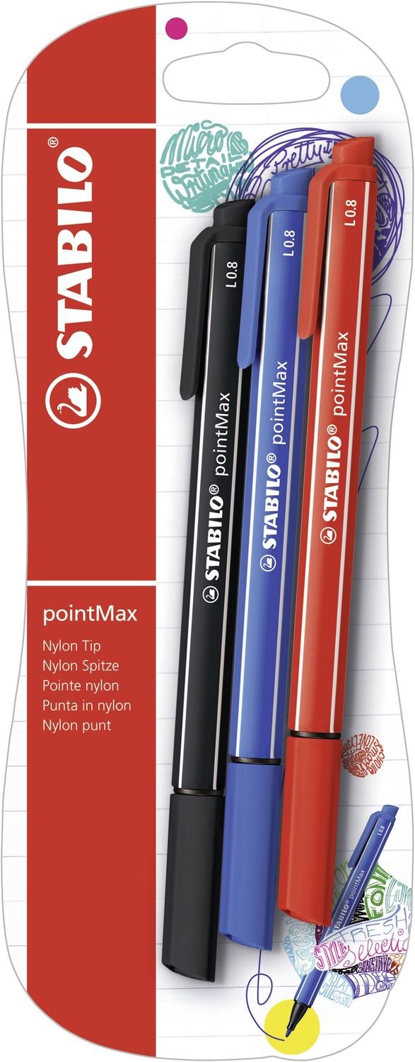 STABILO Nylon Tip Writing Pen pointMax - Pack of 3 - ultramarine, black, carmine