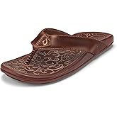 OLUKAI Mekila Men's Beach Sandals, Full-Grain Leather Flip-Flop Slides, Compression Molded Footbed & Comfort Fit, Enhanced Grip Soles