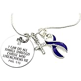 Rock Your Cause Navy Blue Ribbon Necklace - Colon Cancer, Colorectal, Coltitis Warrior, Crohn's Disease Awareness Gift - I Can Do All Things Through Christ