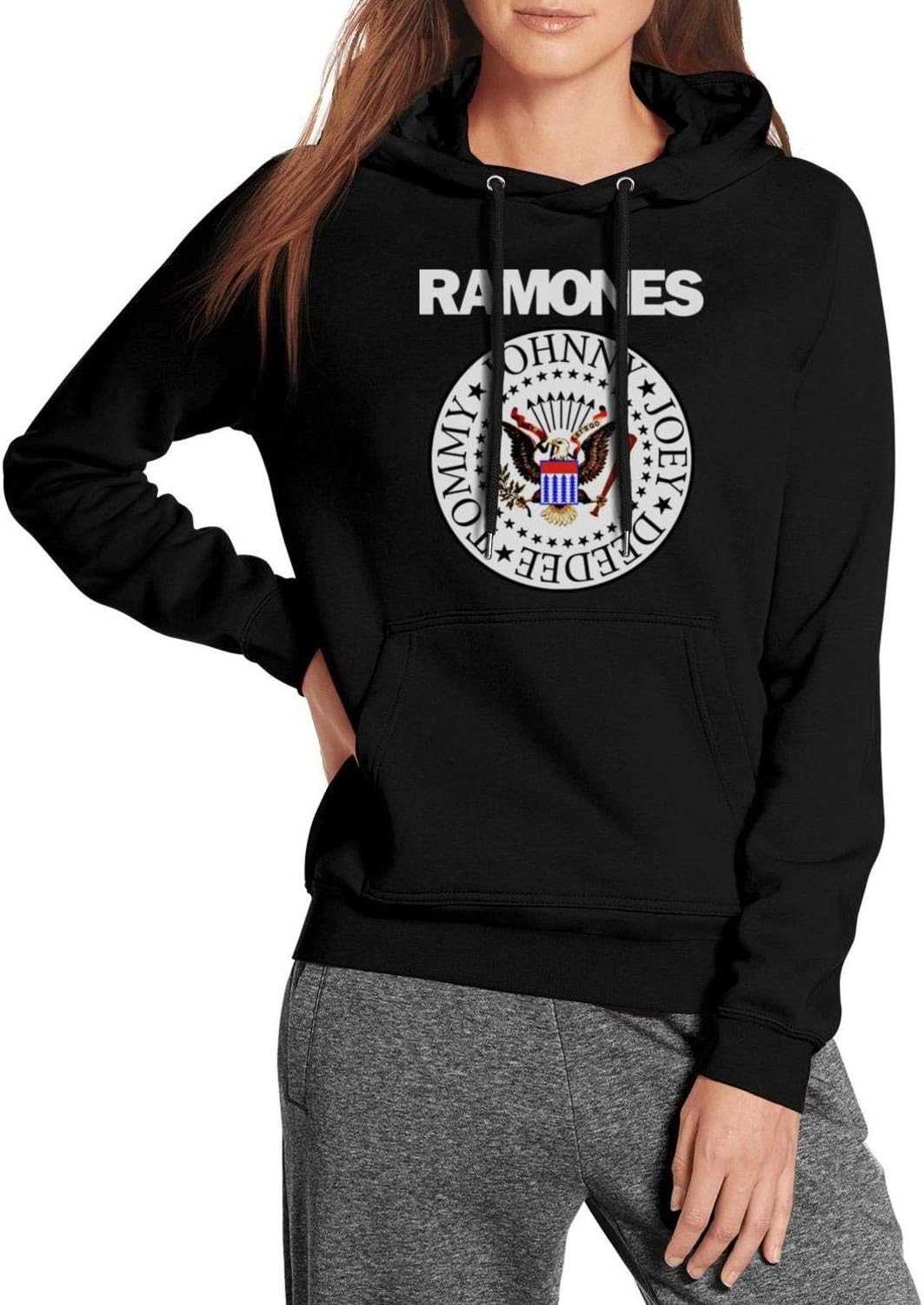 Rsknflj Black Hoodie Sweatshirt for Women Ramones-Logo- Casual Fleece Pullover Sweater