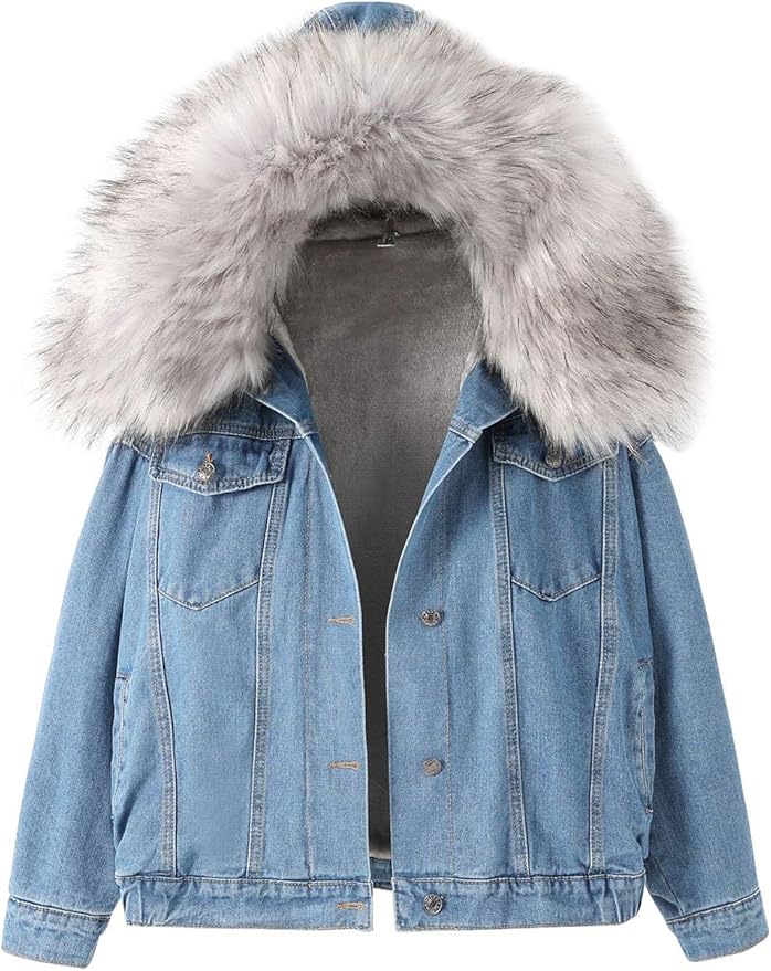 Hotmiss Women's Oversized Sherpa Fleece Lined Denim Jacket with Furry
