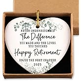 Retirement Gifts Never Underestimate Employee Appreciation Retired Christmas Ornament 2025 Happy Retirement Gifts for Women Coworker Boss Nurse Teacher Friend Christmas Ceramic Heart Ornament
