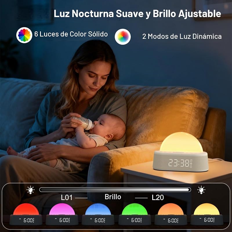 Despertador Amanecer, Despertador Luz Natural Simulación de Amanecer, Despertador Solar, Wake Up Light con Función Alarma y Snooze, 30 Ruido Blanco, 20 Niveles Brillo, 8 Modos de Luz, Temporizador