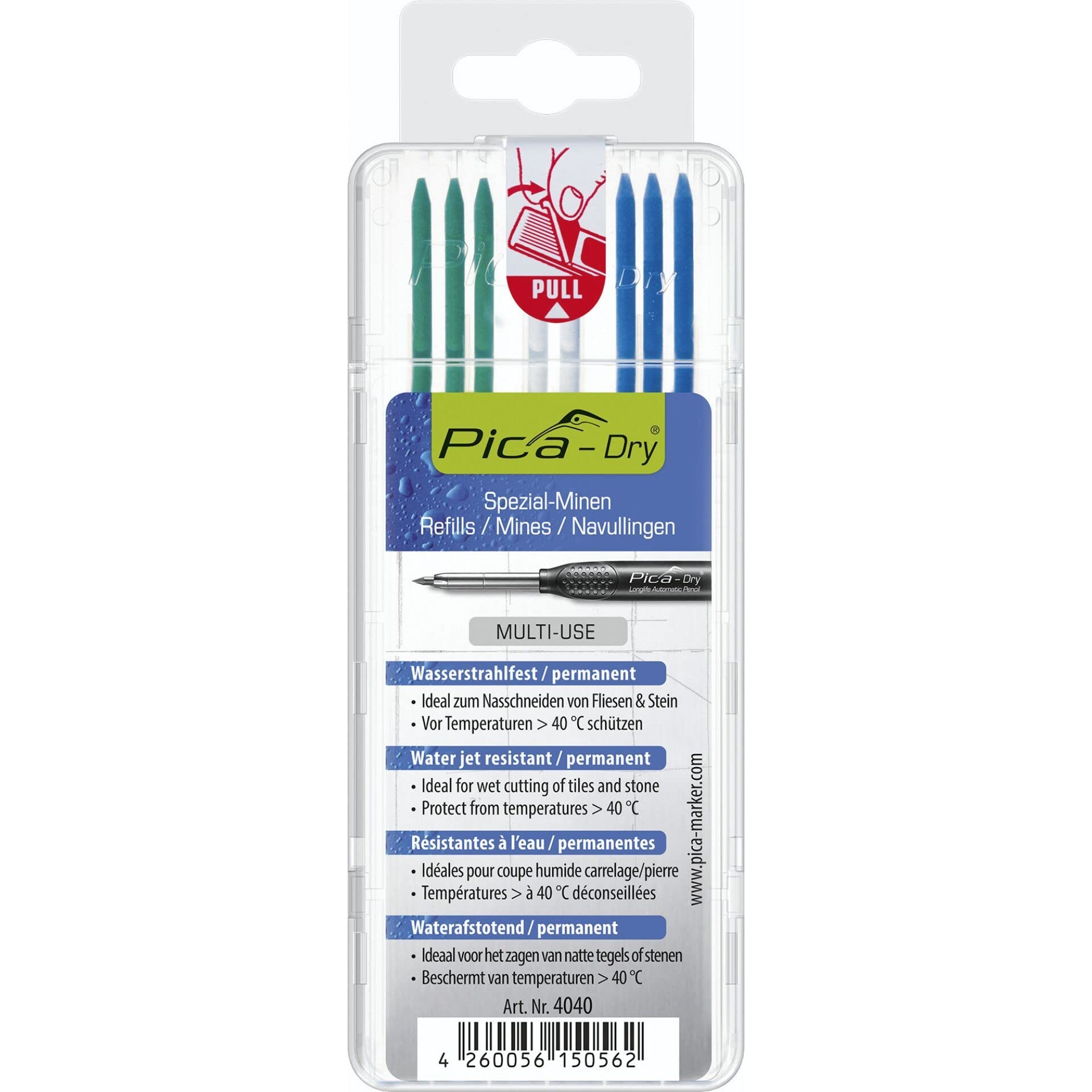PICA 4040/SB - Estuche 8 Minas Dry en blíster Verde, Blanco, Azul