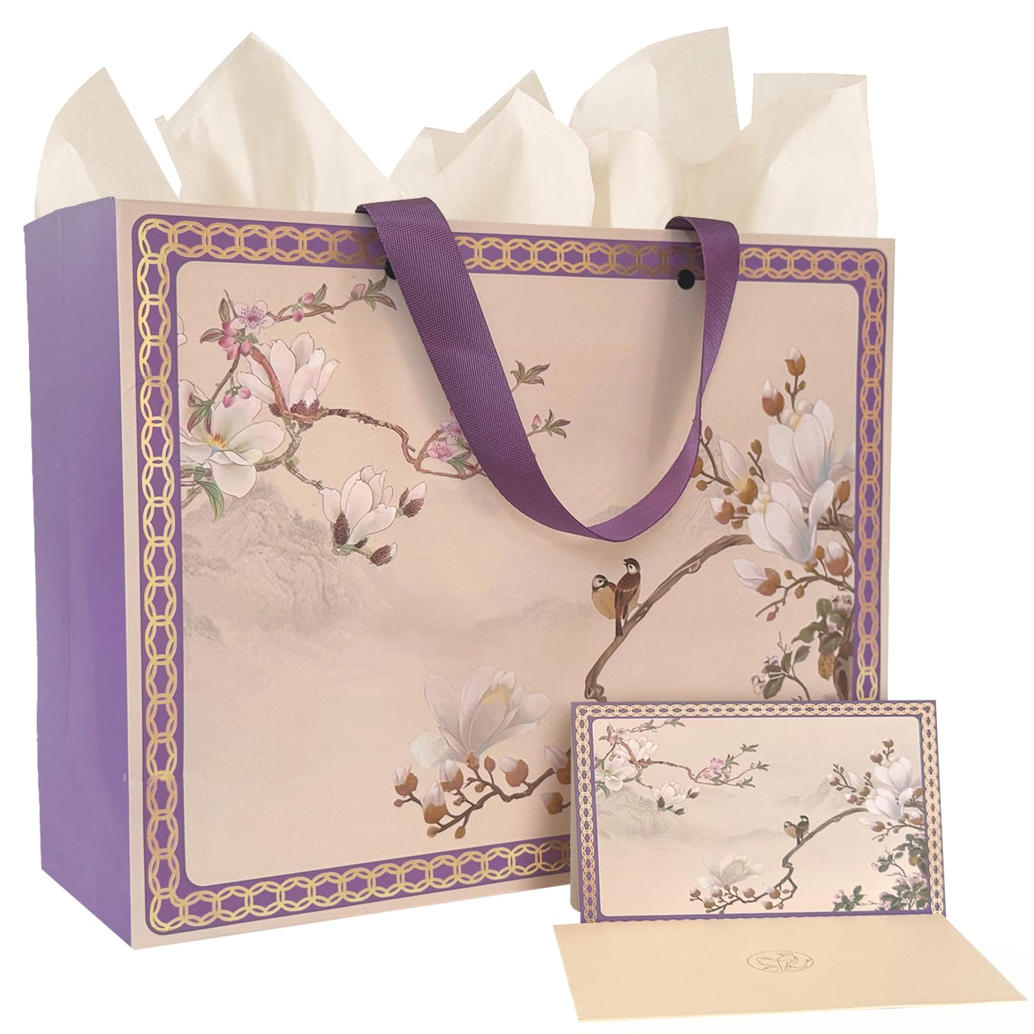Photo 1 of 13" Large Chinese-style Gift Bag with Tissue Paper Cards Envelope, Purple Floral Crane Design Handle Gift Bag for Birthday Wedding Mothers Day Chinese New Year Valentine's Day Party Favor(1-PCS Purple)