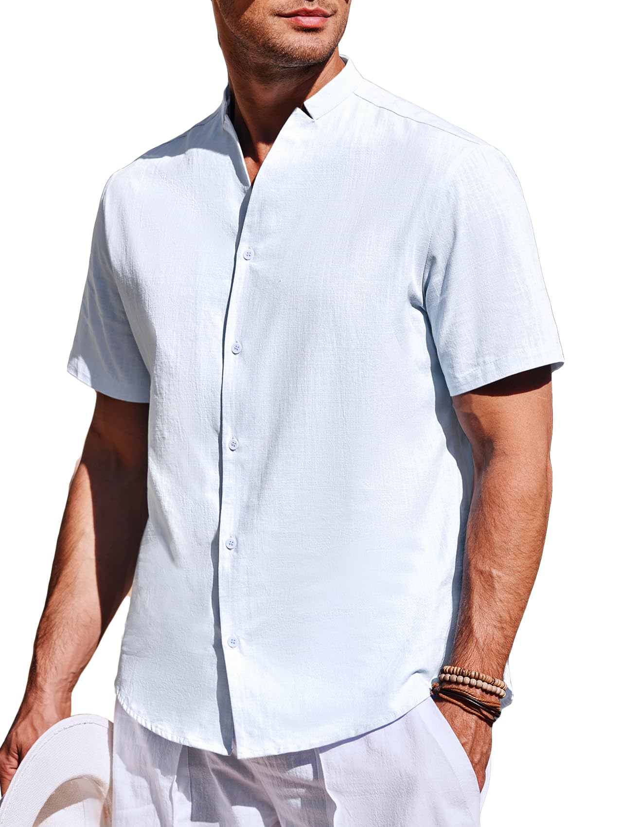 Runcati Mens Cotton Linen Shirts Short Sleeve V Neck Button Down Casual ...