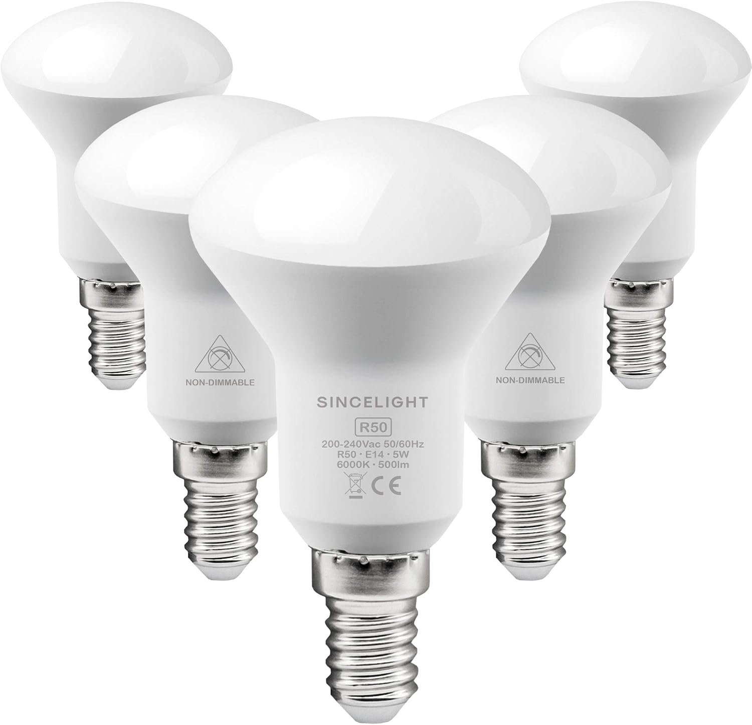 SINCELIGHT E14 R50 LED Spot Light Bulb, Reflector with Milky Diffuser, 5W(50W Equivalent), RA≈92, Cool White 6000K
