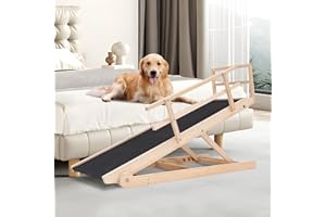 ABORON Folding Wooden Dog Ramp for Bed, Couch & Car,45IN Long- 5 Level Adjustable Pet Ramp, Non-Slip Rubber Mat, 17.7'' Extra Wide - Supports Small & Large Senior Dogs & Cats up to 200 lbs