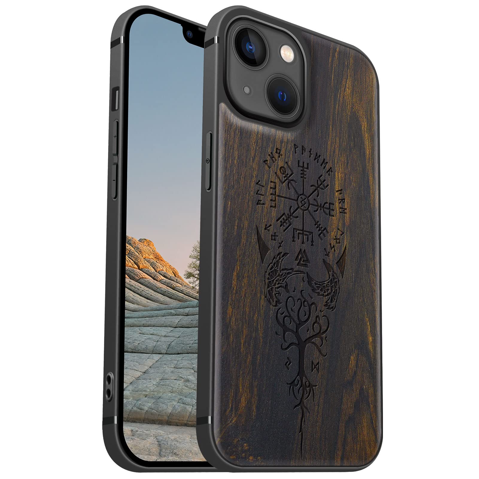Carveit Magnetic Wood Case for iPhone 13 [Hard Real Wood & Soft TPU] Shockproof Hybrid Protective Cover Unique & Classy Compatible With MagSafe (Viking Compass Vegvisir-Blackwood)
