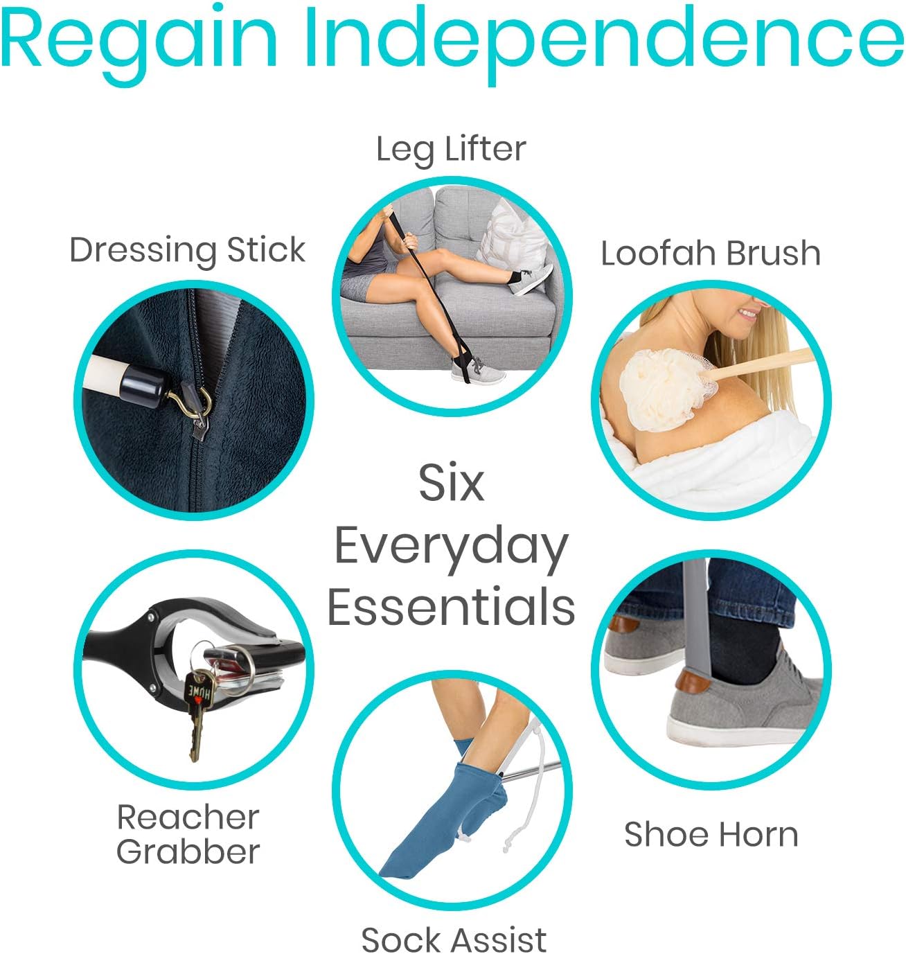 Vive 6 Piece Hip And Knee Replacement Kit - Surgery Recovery Set - Handicap Aid, Leg Loop Lifter, Reacher Grabber, Long Handle Shoe Horn, Shower Loofah Scrubber, Sock Assist, Dressing Stick (6 Pieces): Health & Personal Care