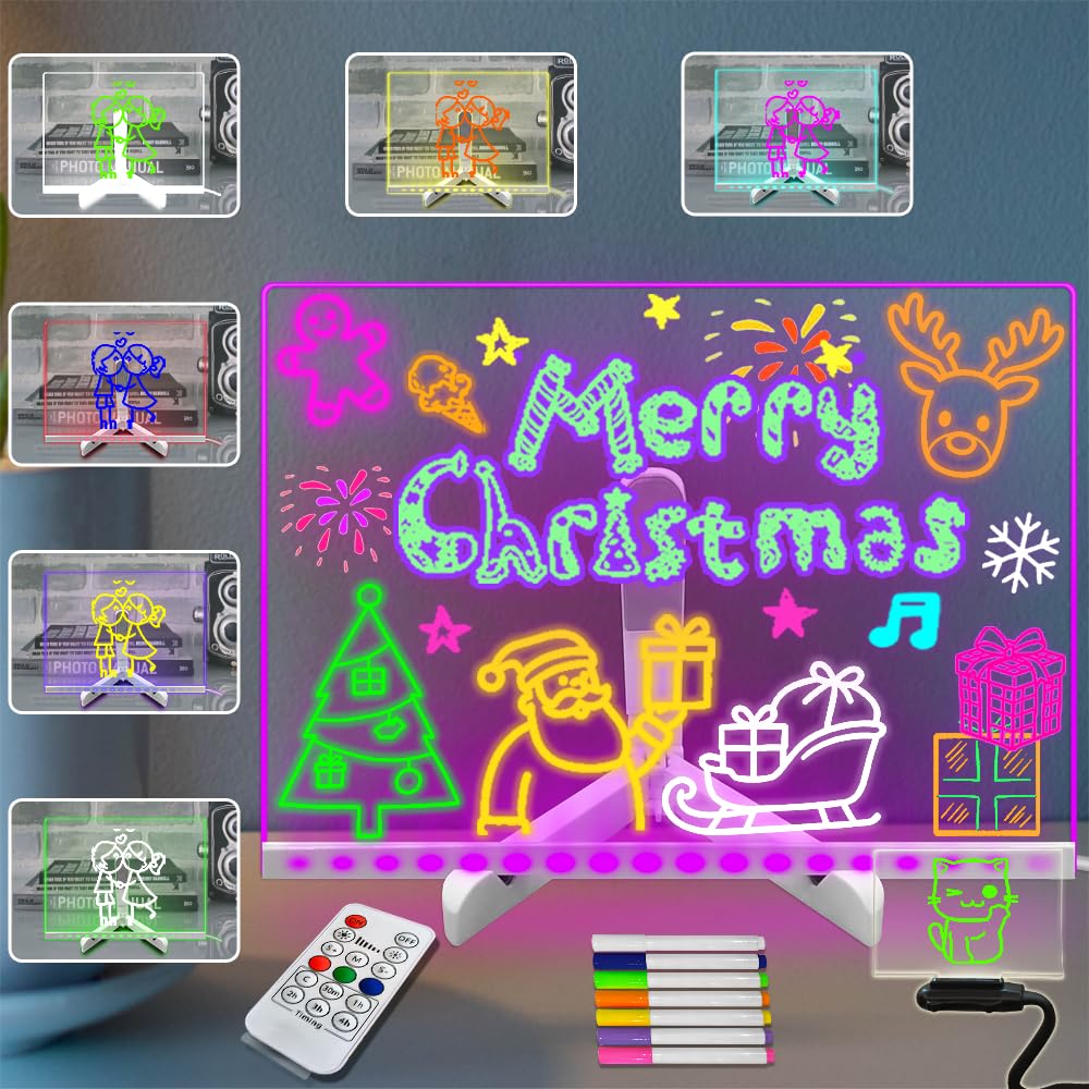 Acrylic Dry Erase Board 11.81 * 7.95Inch 7 Color Change Light up Message Board with Remote Control Glowing Whiteboard LED Drawing Board Note Board Planning Board USB Table Lamp for Kids Teens