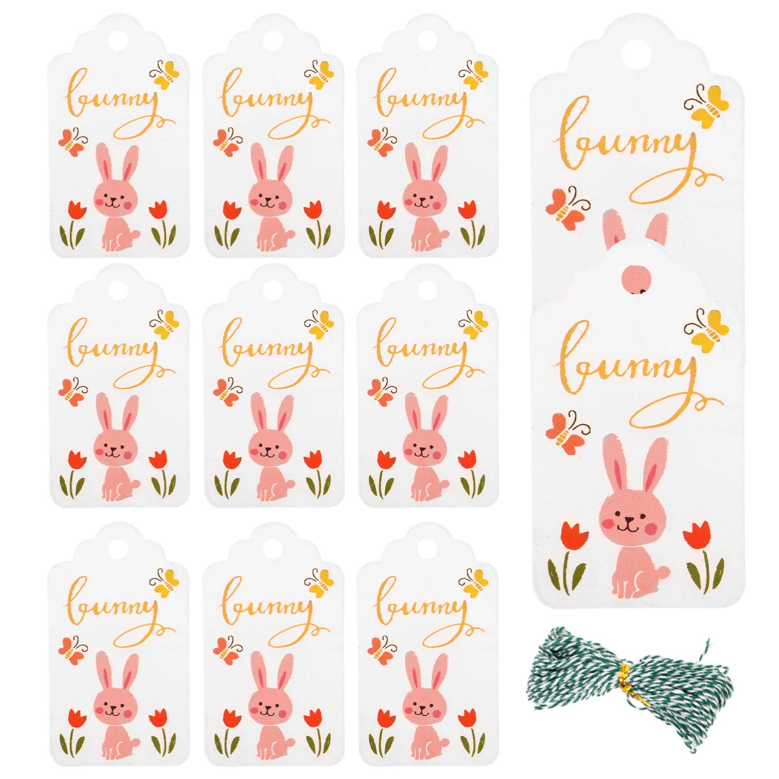 100pcs Happy Easter Tag, Easter Bunny Card Paper Hang Tags with Twine, Easter Cartoon Printed Tags Easter Party Supplies (Bunny)