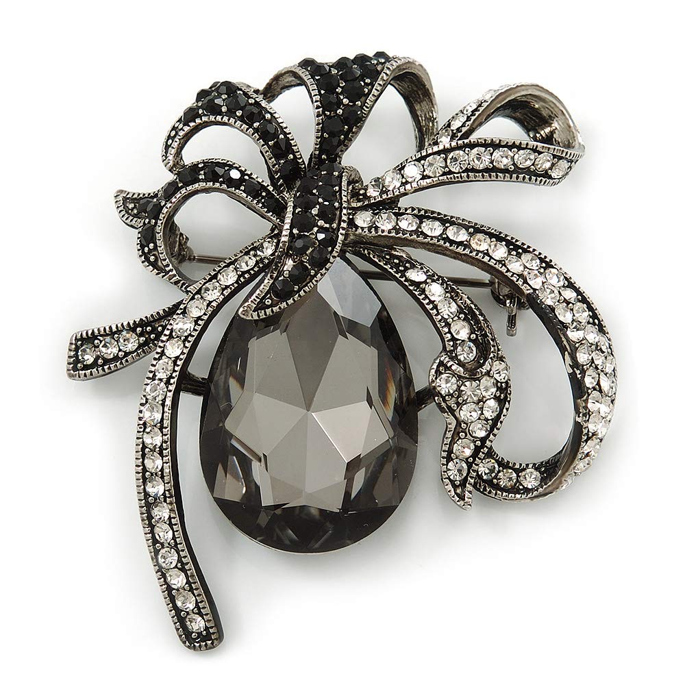 Victorian Style Black, Clear Diamante 'Bow' Brooch In Gun Metal - 50mm Across