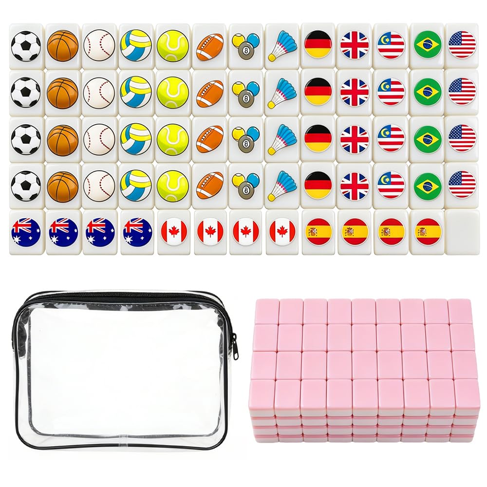 XPJBKC Mahjong Set, 65 Tiles Seaside Escape Game Mahjong Tile Game Set, Flags & Balls Pattern Portable Mini Mah Jong Set, Mini Beachside Family mahjong Board Games for Adults Kids Leisure Travel Time