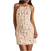 Floerns Women's Sparkly Sequin Fuzzy Halter Mini Dress Lace Up Backless Party Club Dresses