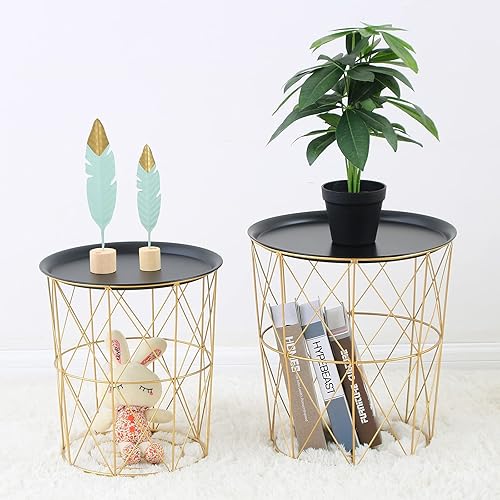 Black Tray Accent Side Table with Golden Storage Basket,Metal Round Coffee End Tables Set of 2, Modern Style Nesting Tables for Living Room,Nightstand,Office