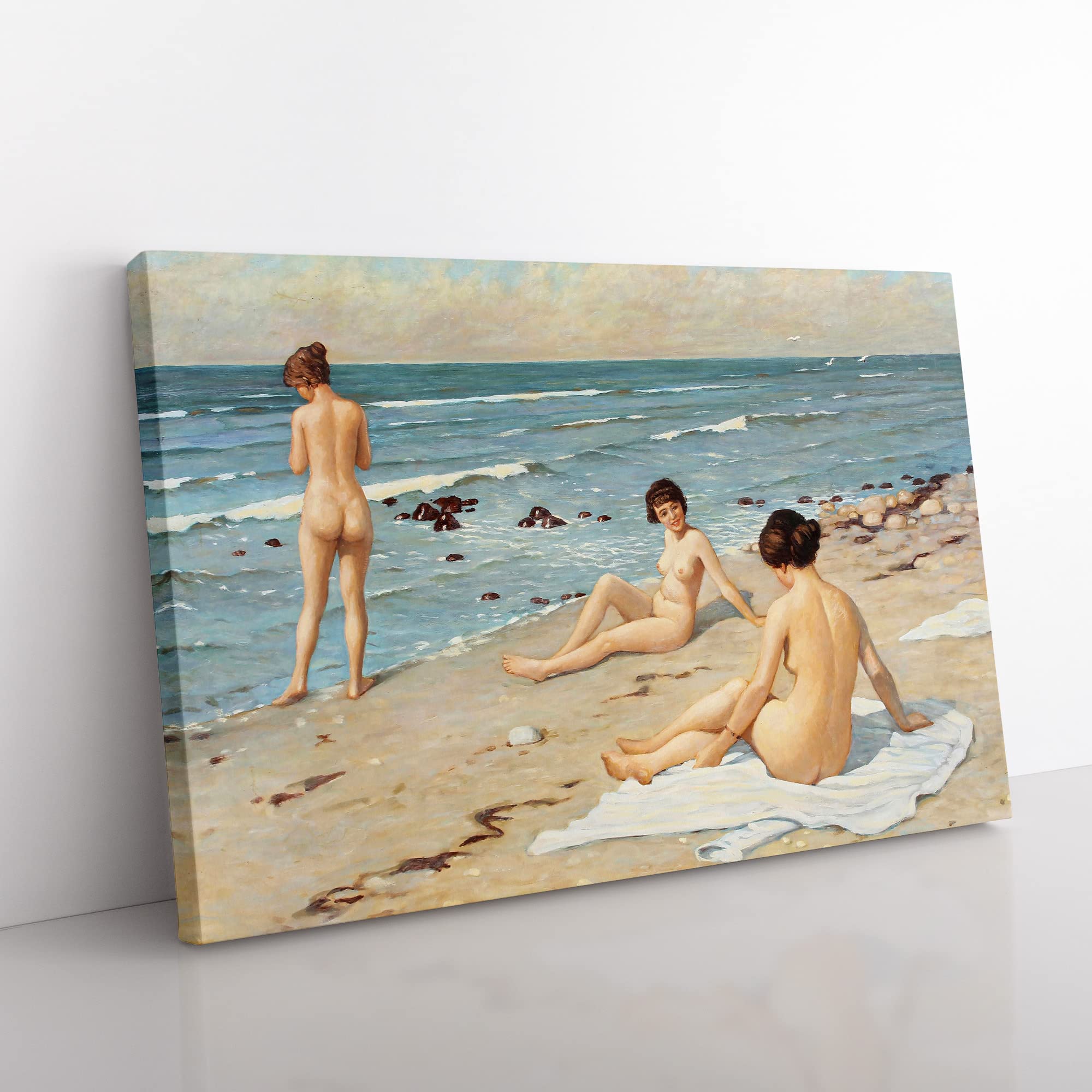 Paul Gustave Fischer Nude Women on the Beach Classic Painting Canvas Wall Art Print Ready to Hang, Framed Picture for Living Room Bedroom Home Office Décor, 50x35 cm (20x14 Inch)