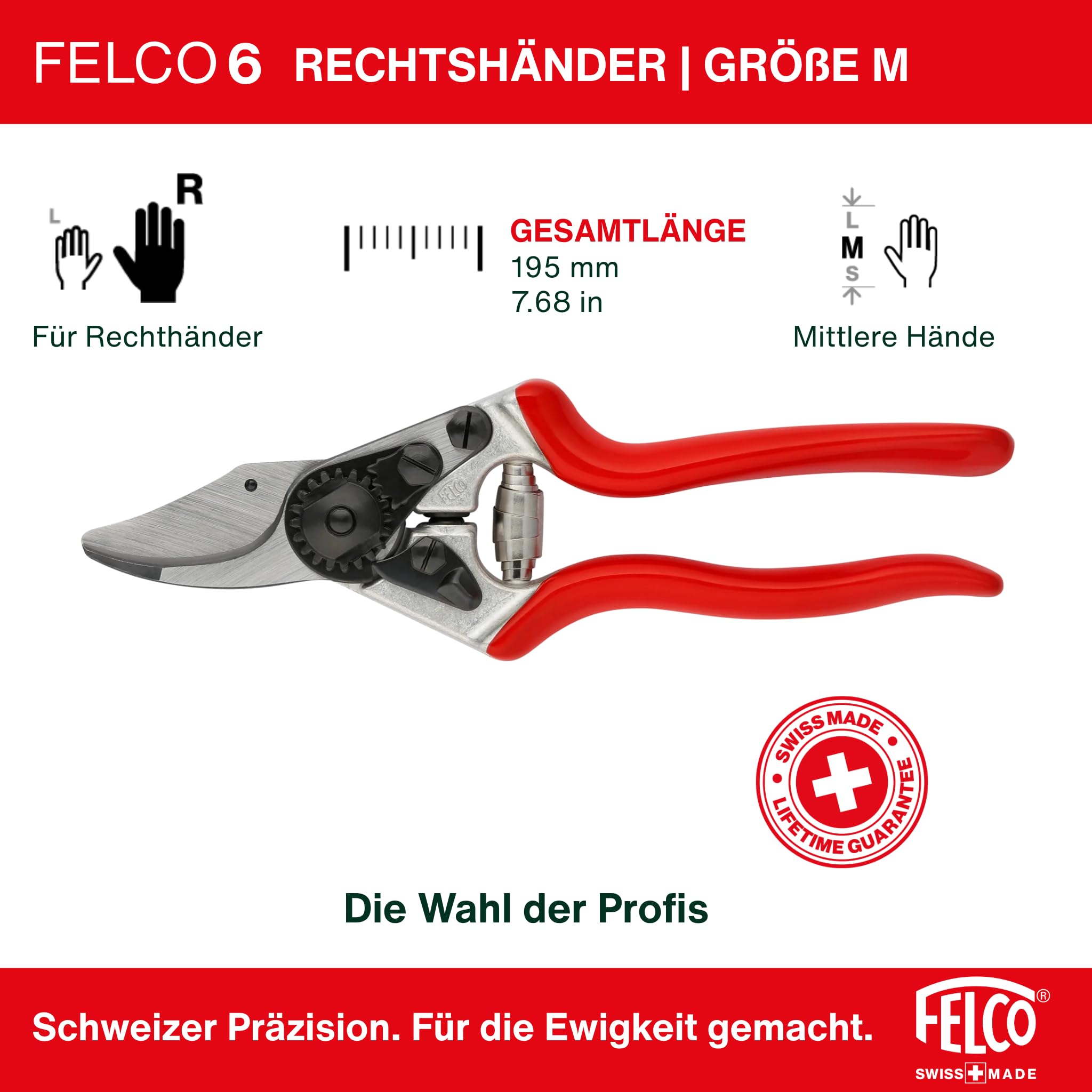FELCO 6 kompakte Bypass-Baum-, Reb- und Gartenschere für mittelgroße Hände, für Rechtshänder, gehärtete Stahlklinge, Griff aus geschmiedetem Aluminium, ergonomischer Schneidkopf, Swiss Made Qualität 5