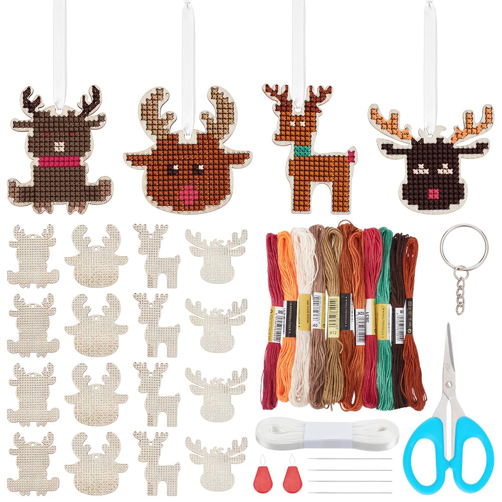 WEBEEDY 16 Sets Reindeer Wooden Cross Stitch Christmas Cross Stitch Kit Embroidery Kits with Instruction，Christmas Pendant for Adults Arts and Crafts Activity Christmas Tree Hanging Decorations