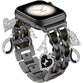 Black Bracelet Band with Cute Charm Compatible for Apple Watch 38mm 40mm 41mm 42mm (S11/10) Women, Cuban Chain Strap for iWatch Series 11 10 9 8 7 6 5 4 3 2 SE