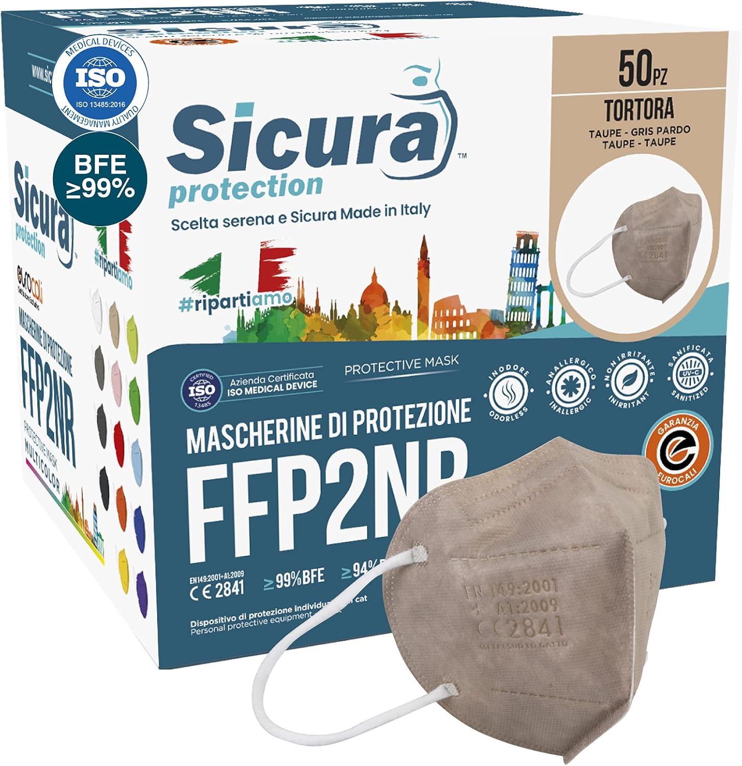50 Mascherine FFP2 Certificate CE Colorate TORTORA SICURA Italia logo
