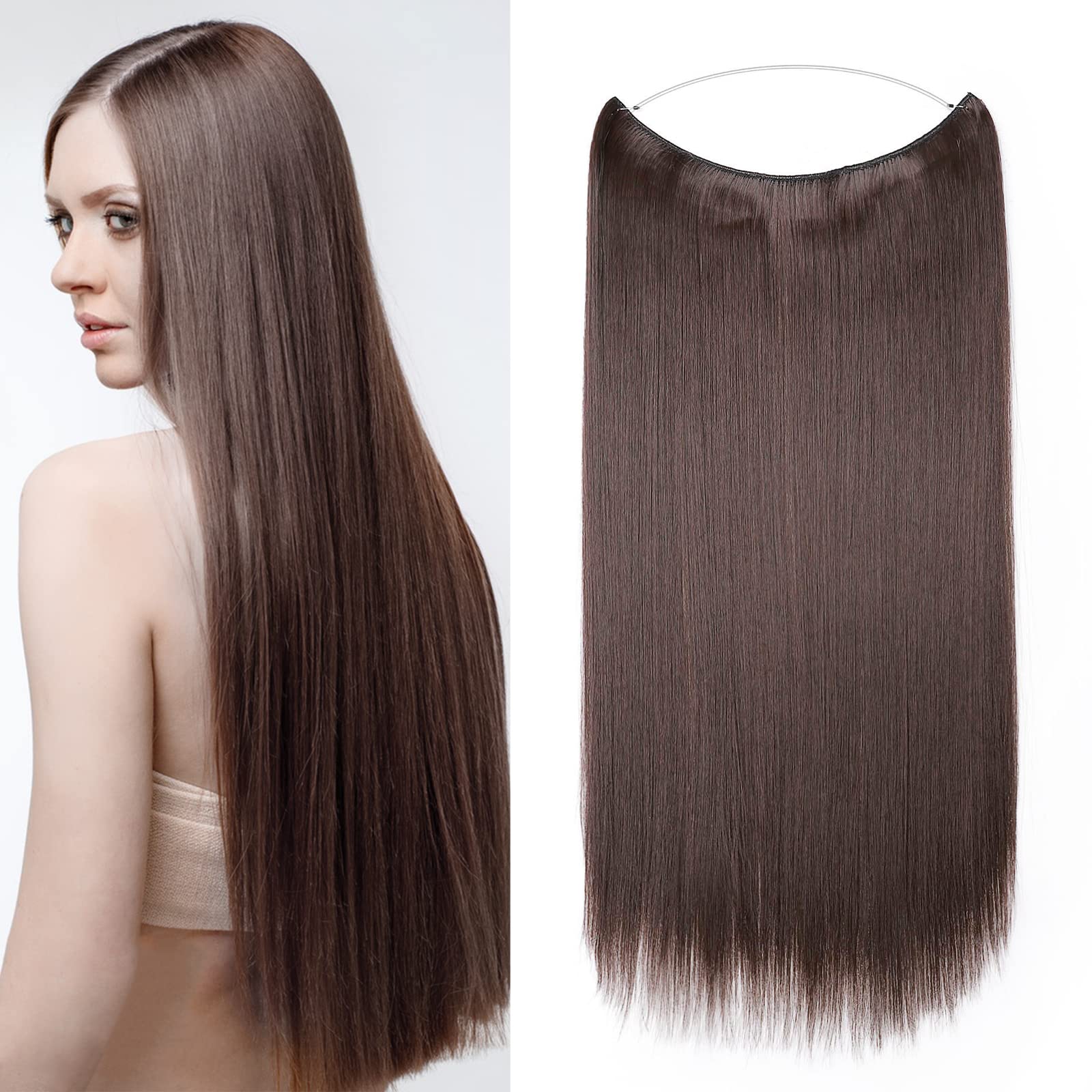 Secret Headband Wire in Natural Hair Extensions Rubber Band Straight Curly Wavy Hairpieces Brown Blonde Ombre for Women 24" Straight - Medium brown