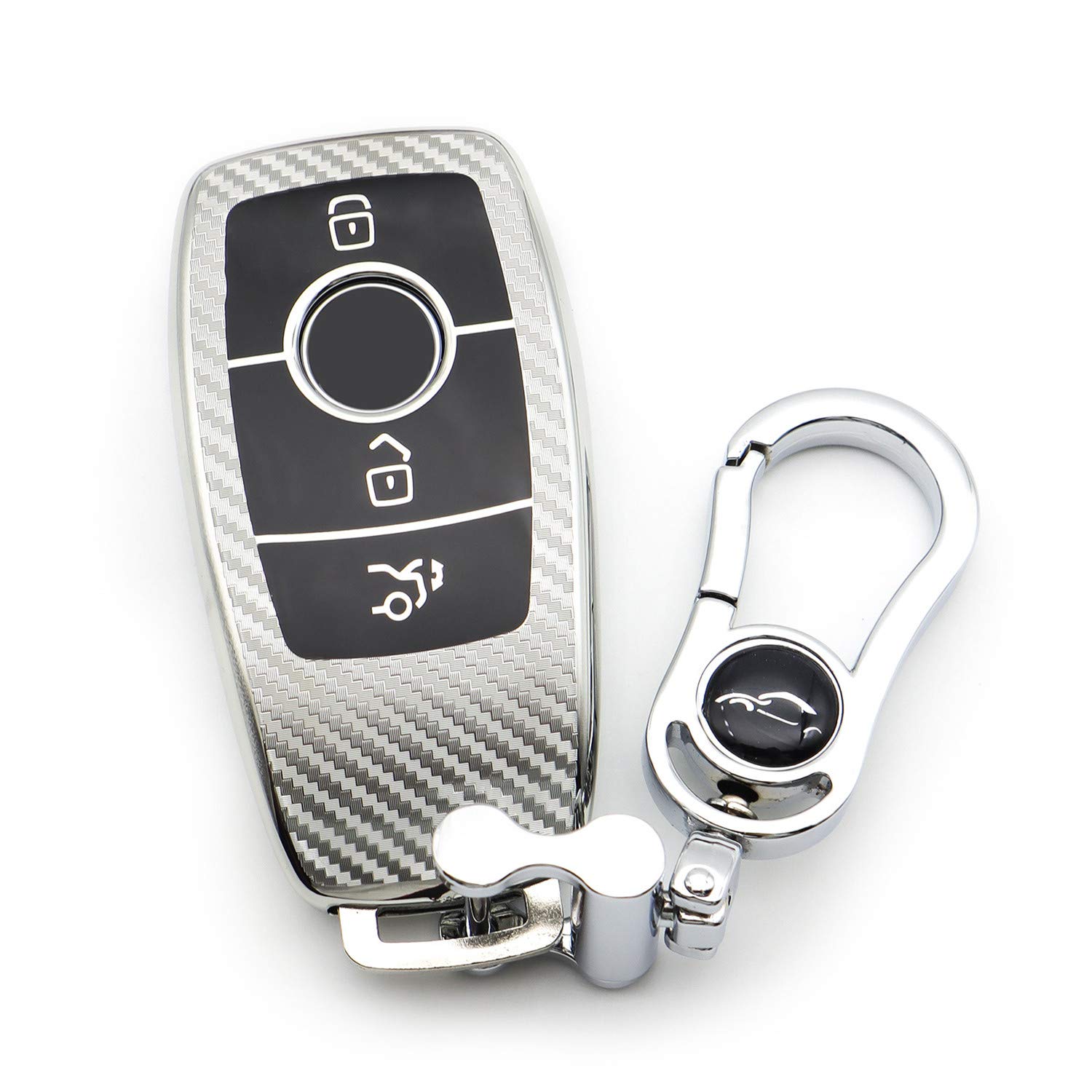 M.JVisun Soft Carbon Fiber Finish Car Key Fob Cover For Mercedes-Benz 2019-2022 A Class C Class G Class 2017-2022 E Class 2018-2021 S Class Electroplated TPU Case With Metal Keychain - Silver — image 1