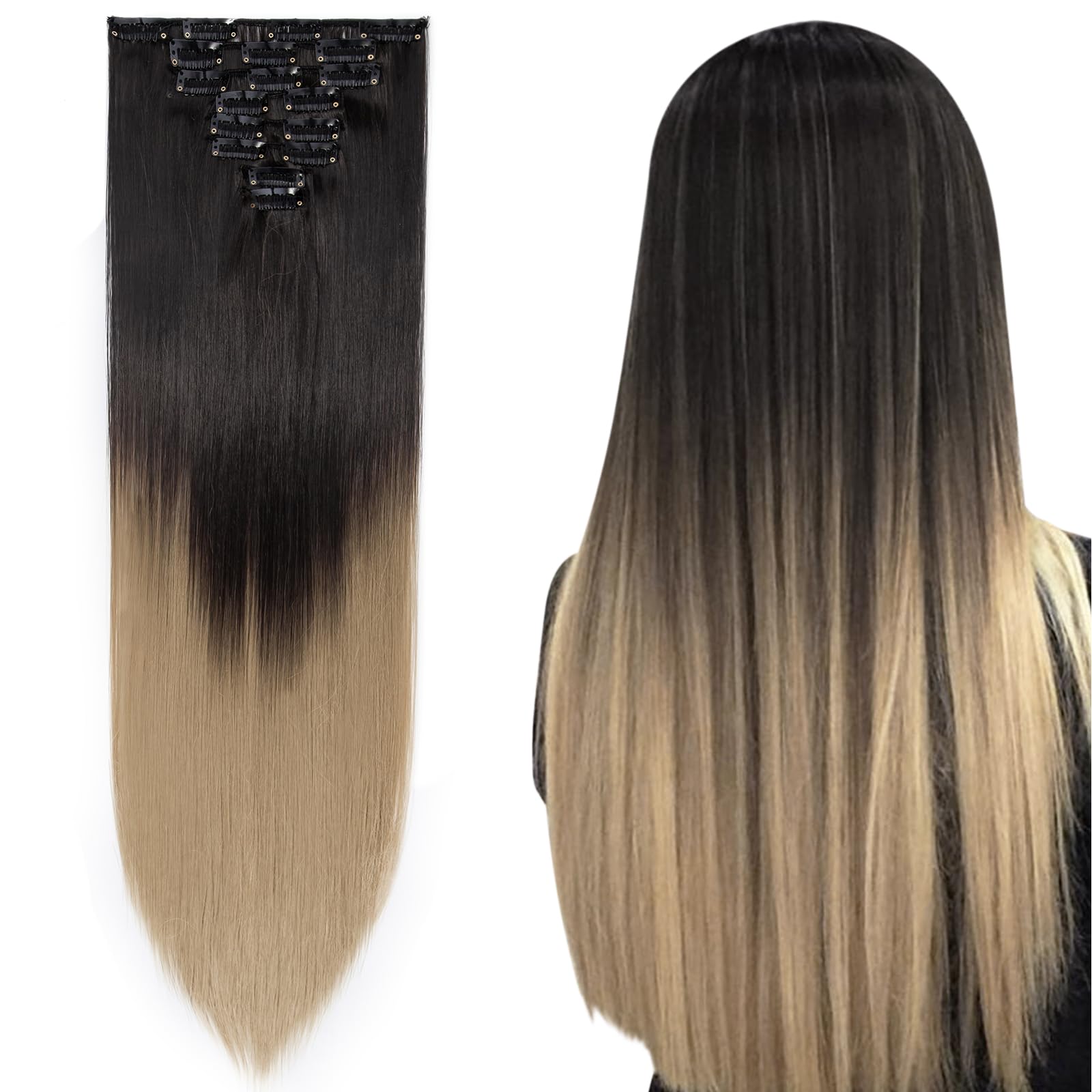 Silk-co 26" 8PCS Hairpiece Clip in Hair Extensions Dark Brown to Ash Blond 100% Synthetic Hair Piece Long Straight for Full Head — image 1