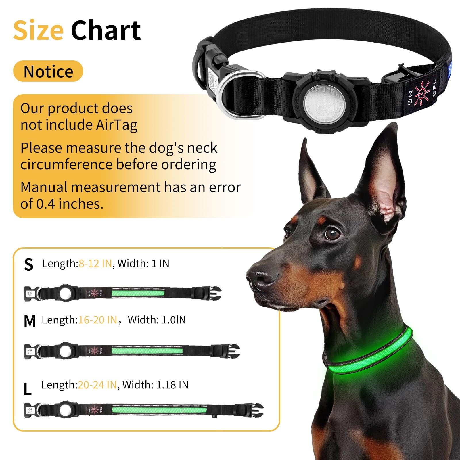 AirTag Dog Collar with QR Code & LED Light, IP68 Waterproof Rechargeable Pet Collar with Reflective Strips, Durable Airtag Holder for Medium/Large Dogs (Green, L(20-24 in))