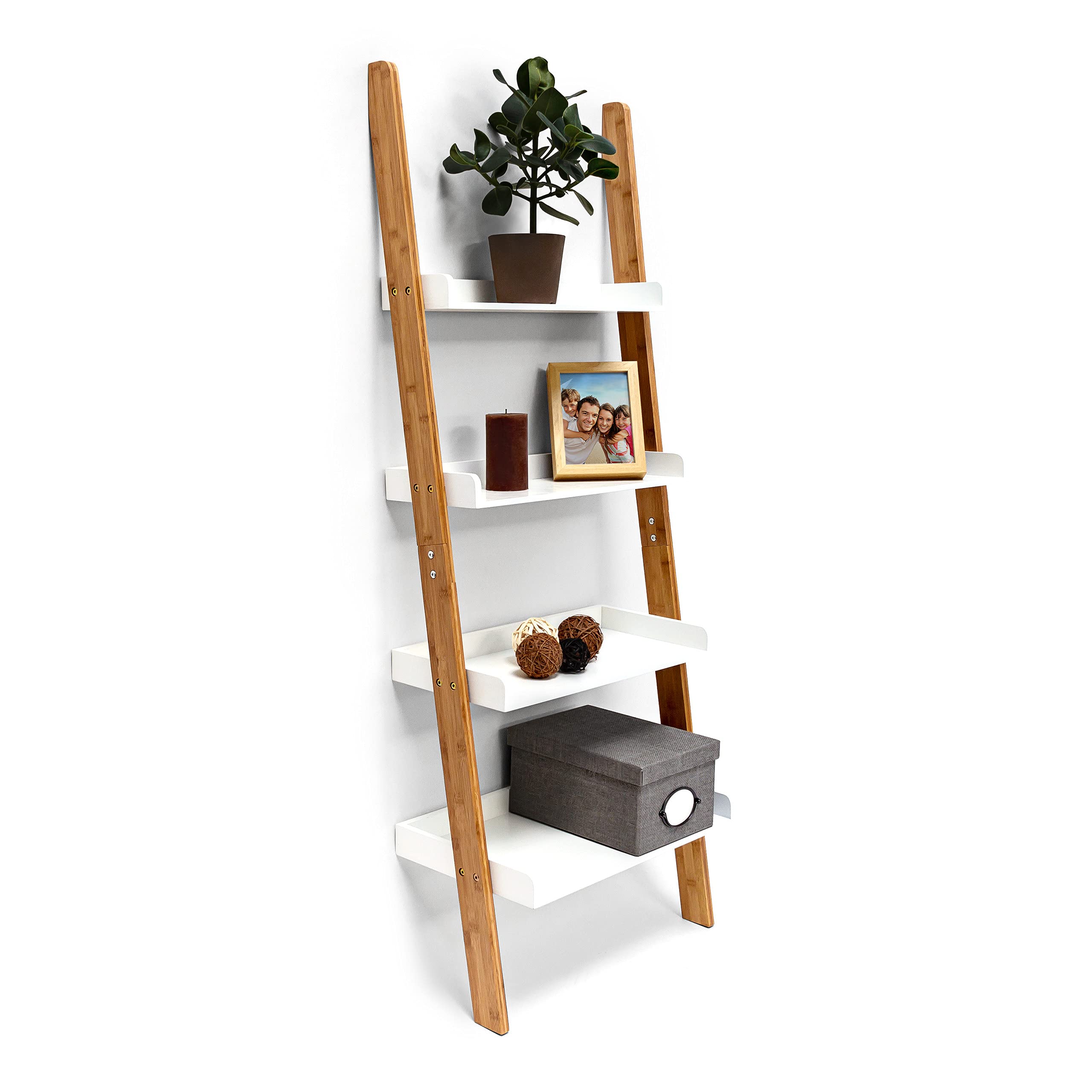 Relaxdays Bamboo Bookcase: 144 x 56 x 34 cm Ladder Shelf Unit with 4 Shelves Made of Bamboo Wood Living Room Office Furniture Bookshelf, White