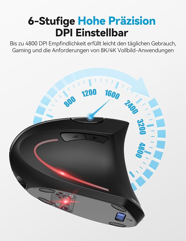 Ergonomische Bluetooth Maus, Wiederaufladbar Kabellose Vertikale Maus (BT 5.0/3.0 + 2.4G), 6 Einstellstufen bis 4800 DPI, Optische Leise Funkmaus mit USB-A-Empfänger, Breite Kompatibilität