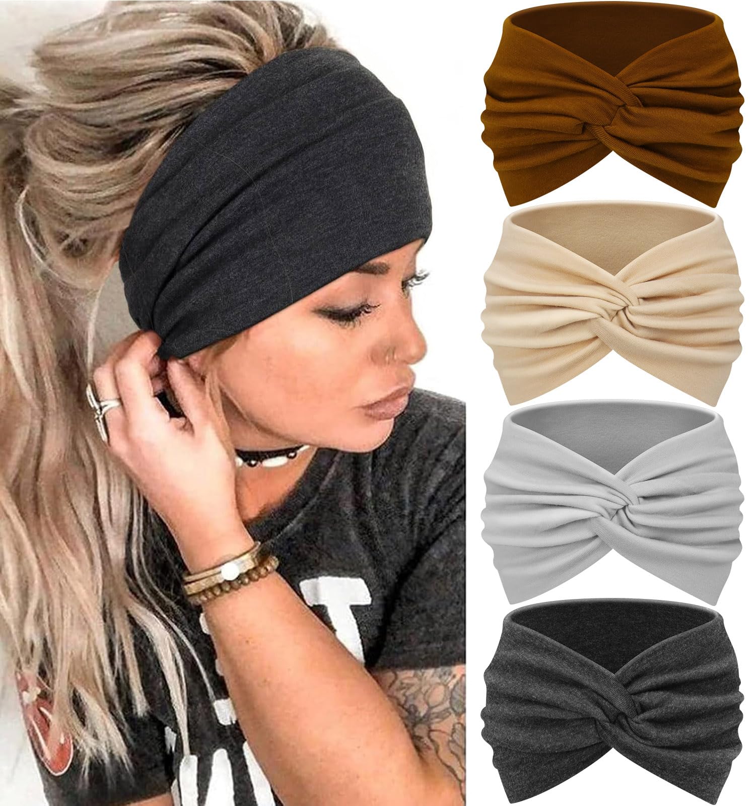 Blooms Wide Headbands for Women's Hair, Soft Headband Elastic Head Bands Adult Women Knotted Hair Bands for Women Yoga Fashion Head Band Hair Accessories 4 Pcs — image 1