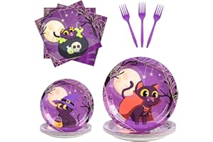 BOKFJBP 96Pcs Halloween Plates and Napkins Sets-Disposable Purple Cat Paper Plates NapkinsHappy Halloween Party Supplies Tableware for Halloweens Birthday Party Decorations Favors Serve 24