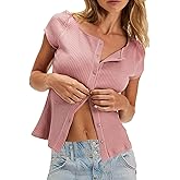 Womens Slim Fitted Shirts Short Sleeve Cardigan Button Down Blouses Y2k Ribbed Tops