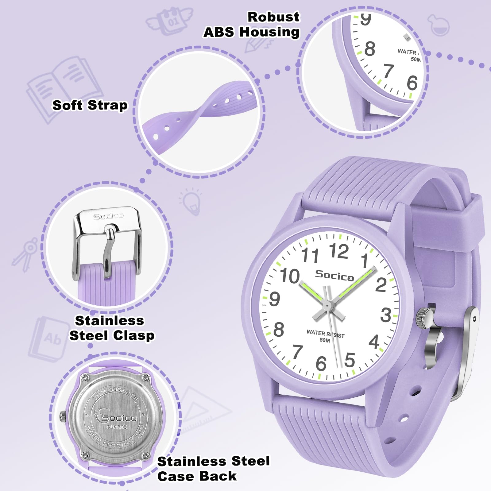 SOCICO Kids Analog Watch for Boys Girls, Easy to Read Learning Time Watch, 50M Waterproof, Soft Band Wristwatch for Ages 4-12, Great Gift for Children