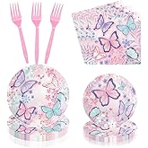 CHANGZHONG Pink Purple Butterfly Birthday Disposable Plates AndPaper Napkin combination 50pcs Party Supplies Butterfly Cake Dessert Plates Suitable For Girls Birthday Party Wedding Decorate