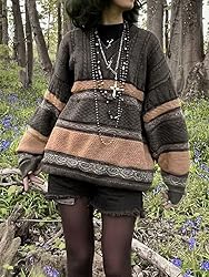 Women Y2K Argyle Striped Pullover Sweater Casual